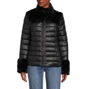 DKNY Puffer Jacket Womens XL Black Faux Fur Trim Quilted Lightweight Outdoor NWT